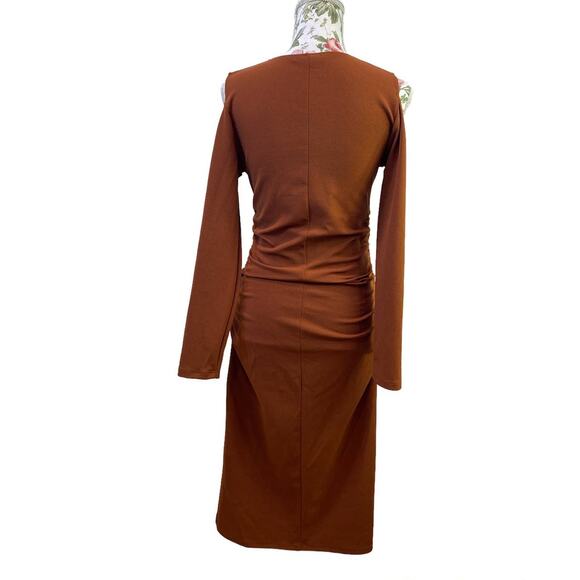 ZARA NWOT Cut Out Rushed Brown Dress Long Sleeve Medium - Picture 3 of 6